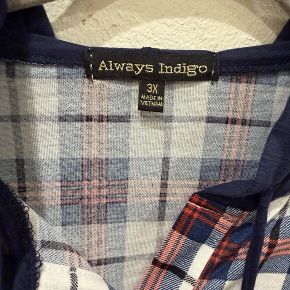 NWT Always Indigo Women’s Top Button Up Plus Size 3X Red Blue Plaid Flannel Look - Picture 3 of 11